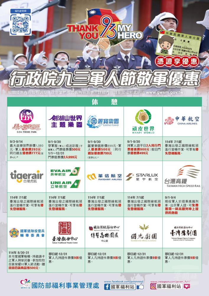 九三敬軍優惠　向國軍官兵致敬