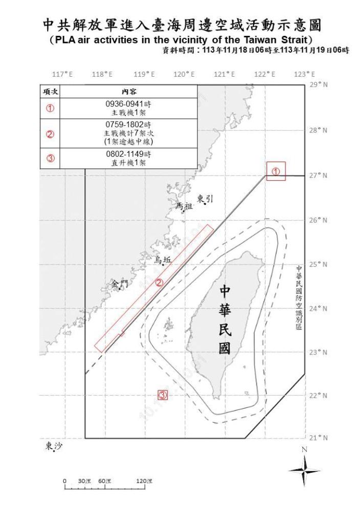 中共解放軍進入臺海周邊空域活動示意圖。（國防部提供）