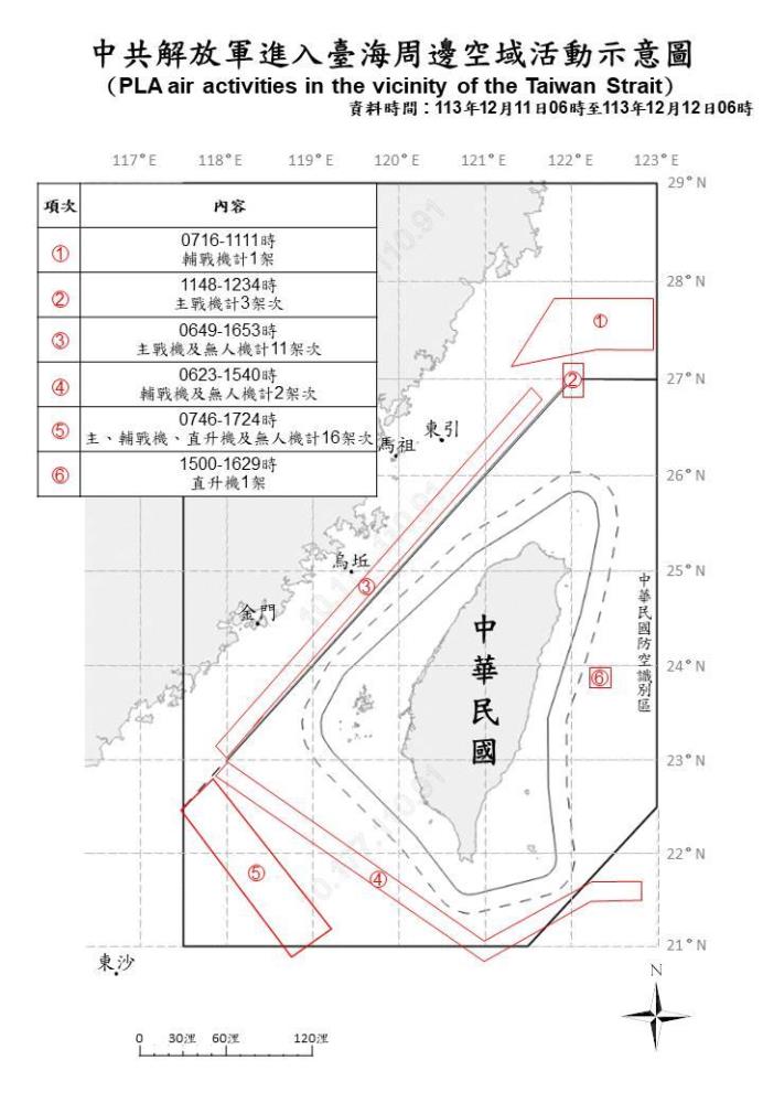 中共解放軍進入臺海周邊空域活動示意圖。（國防部提供）