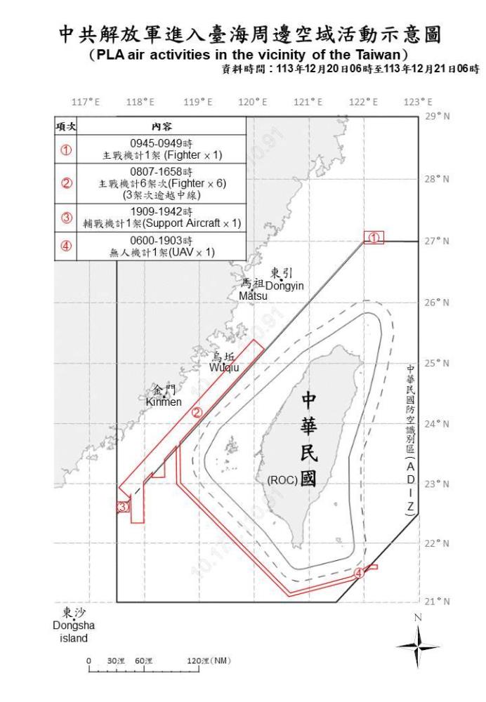 中共解放軍進入臺海周邊空域活動示意圖。（國防部提供）