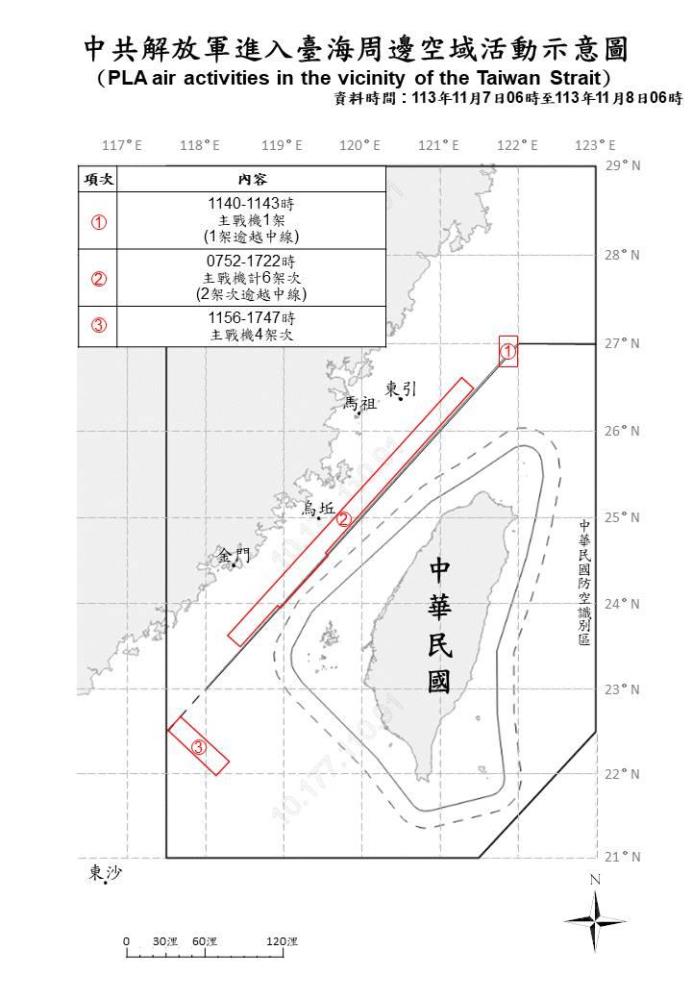 中共解放軍進入臺海周邊空域活動示意圖。（國防部提供）