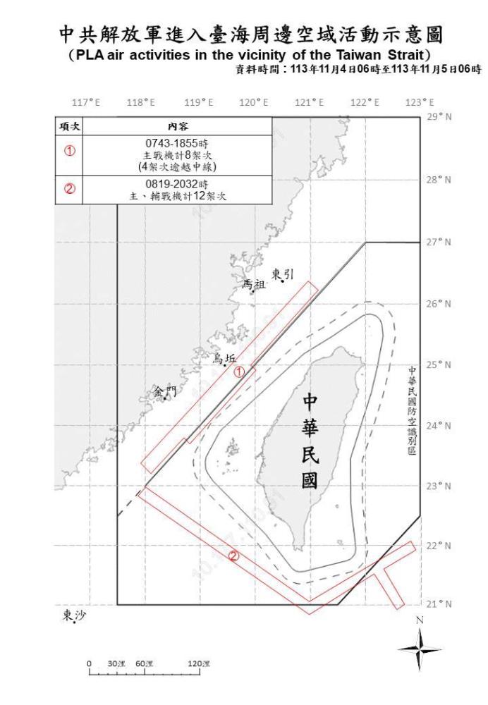 中共解放軍進入臺海周邊空域活動示意圖。（國防部提供）