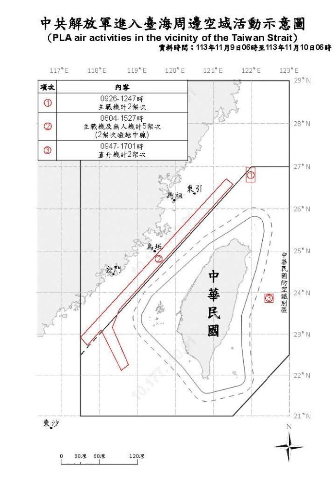 中共解放軍進入臺海周邊空域活動示意圖。（國防部提供）