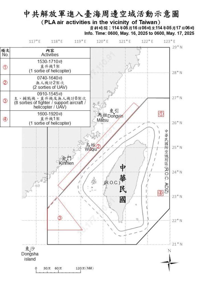 中共解放軍進入臺海周邊空域活動示意圖。（國防部提供）