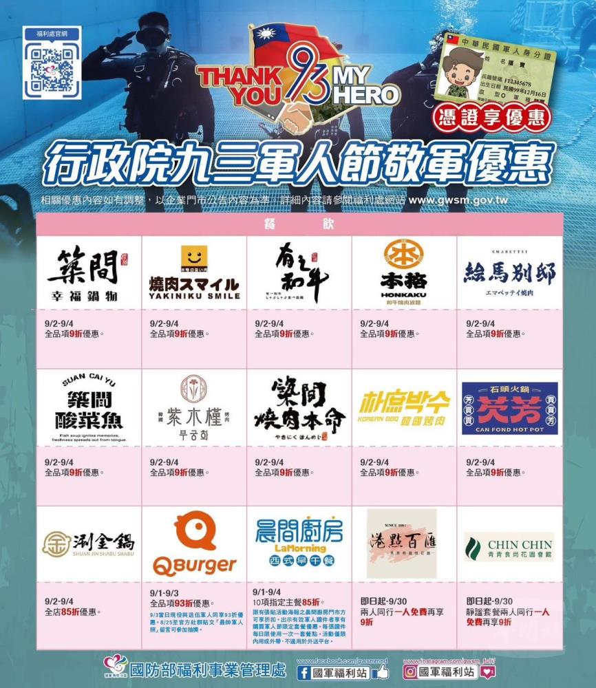 行政院九三軍人節敬軍餐飲優惠。（福利處提供）
