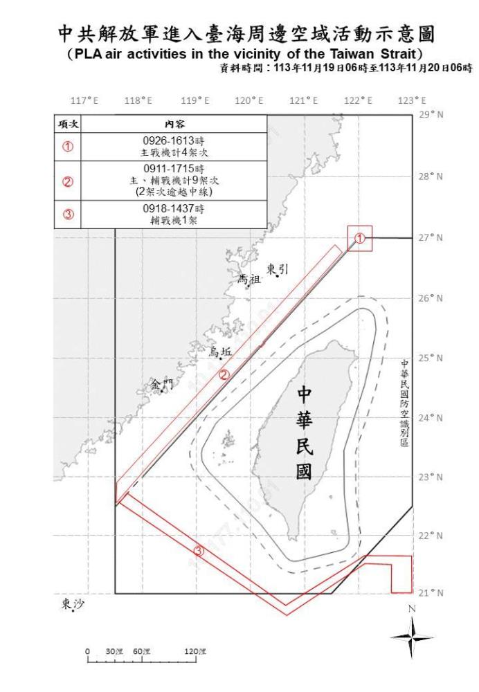 中共解放軍進入臺海周邊空域活動示意圖。（國防部提供）