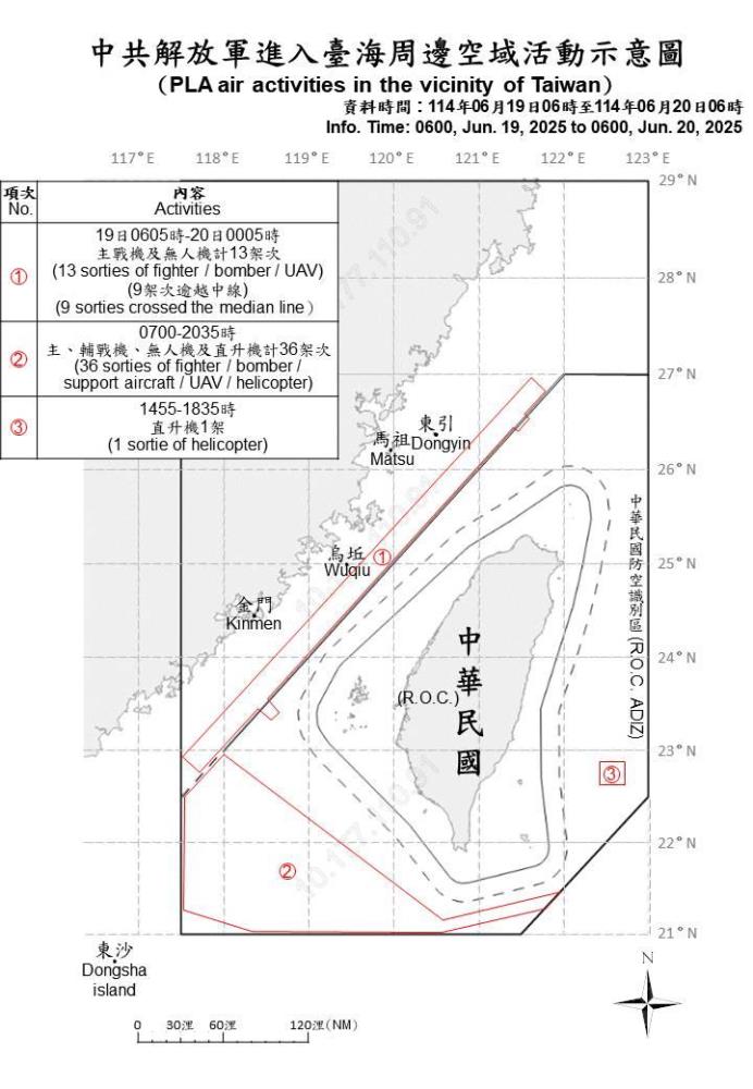 中共解放軍進入臺海周邊空域活動示意圖。（國防部提供）