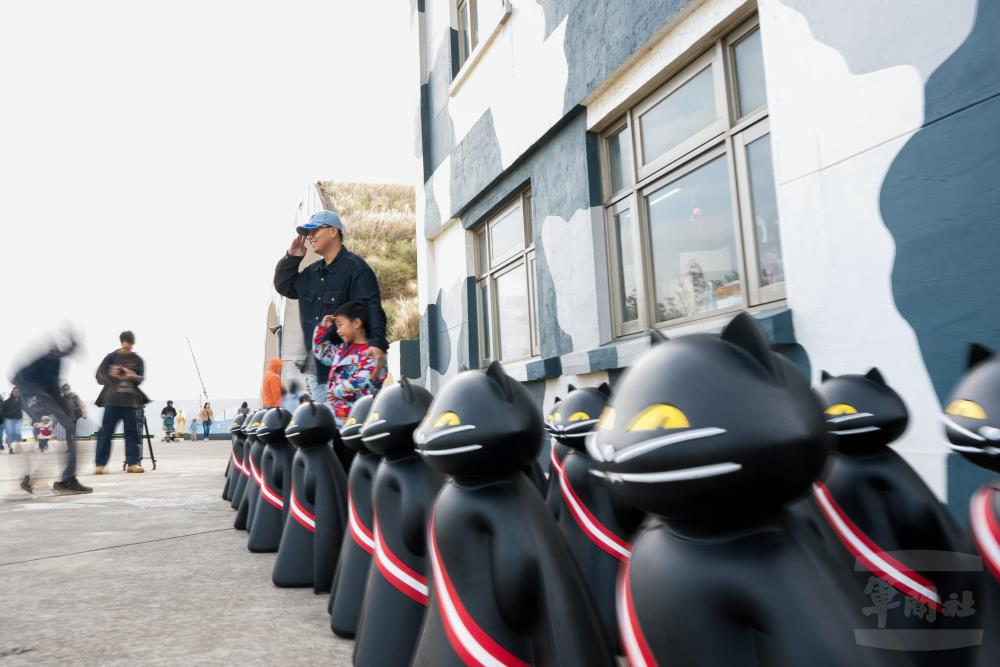 警戒室前整齊排列56隻黑貓公仔，向曾駐紮於此、執行高空偵察任務的黑貓中隊致敬。（軍聞社記者李恬恬攝）