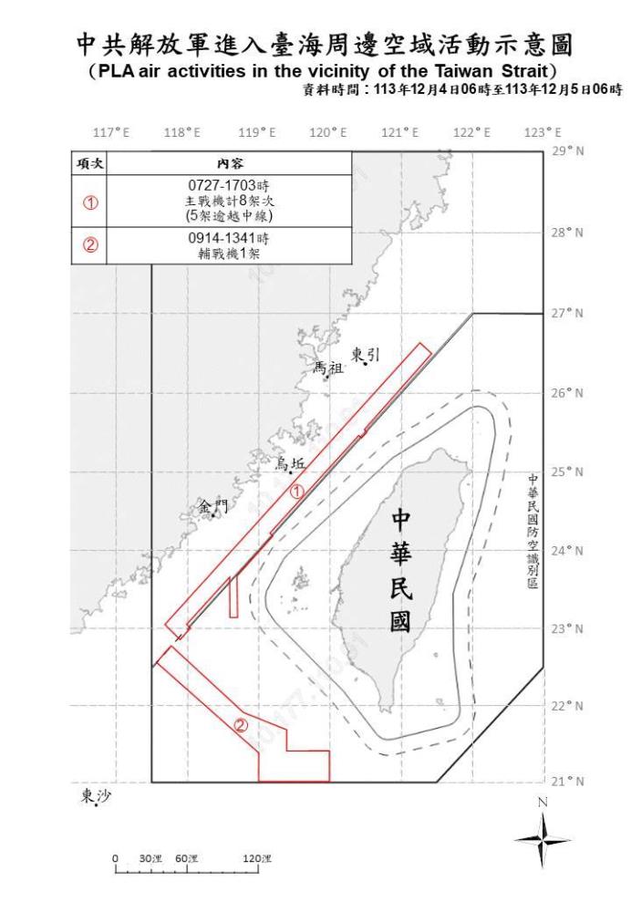 中共解放軍進入臺海周邊空域活動示意圖。（國防部提供）