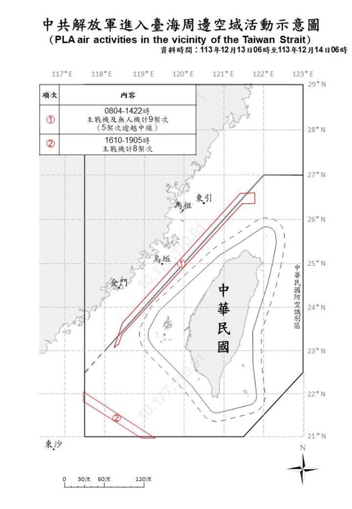 中共解放軍進入臺海周邊空域活動示意圖。（國防部提供）