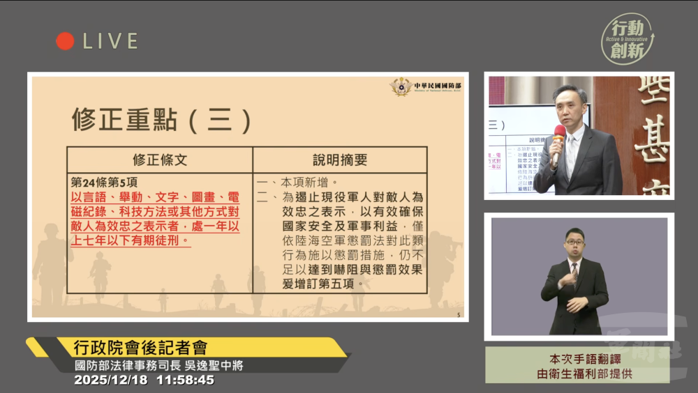 行政院通過國安法修正草案 國防部完善軍法與忠誠義務規範 行政院通過國安法修正草案 國防部完善軍法與忠誠義務規範