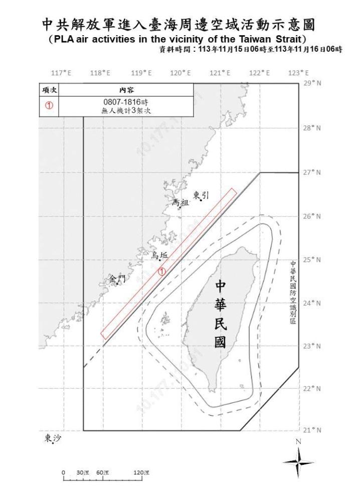 中共解放軍進入臺海周邊空域活動示意圖。（國防部提供）