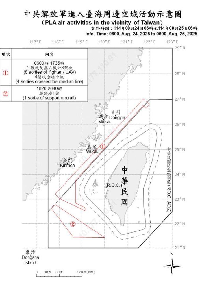 中共解放軍進入臺海周邊空域活動示意圖。（國防部提供）
