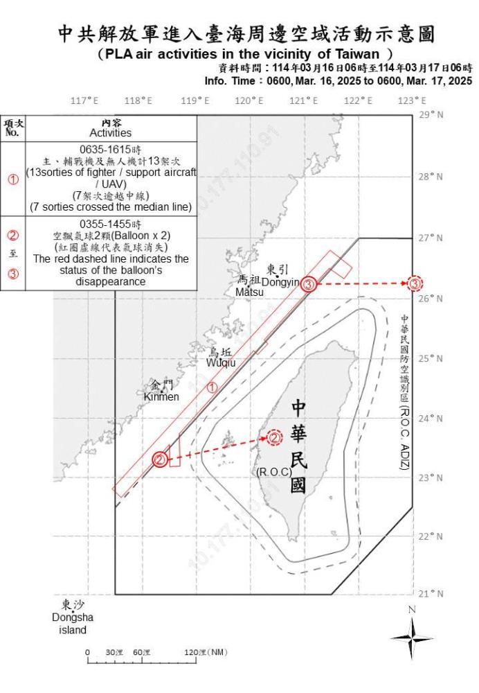 中共解放軍進入臺海周邊空域活動示意圖。（國防部提供）