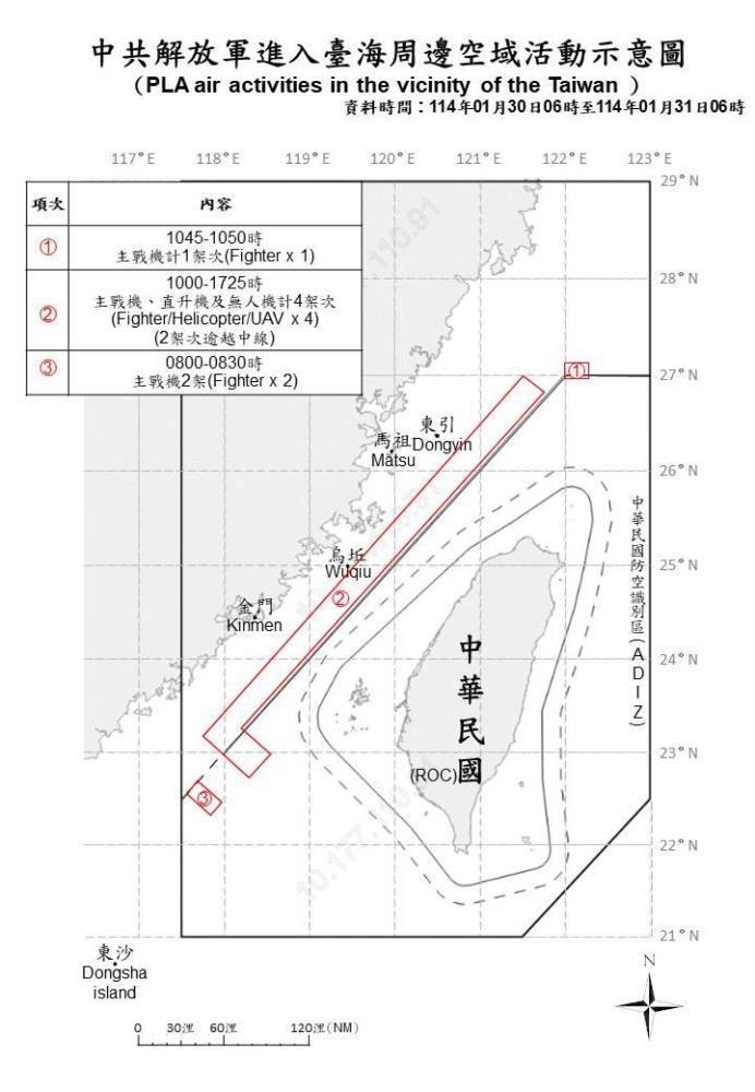 中共解放軍進入臺海周邊空域活動示意圖。（國防部提供）