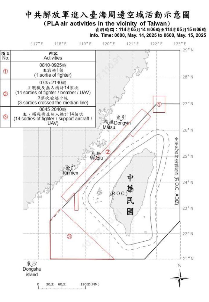 中共解放軍進入臺海周邊空域活動示意圖。（國防部提供）