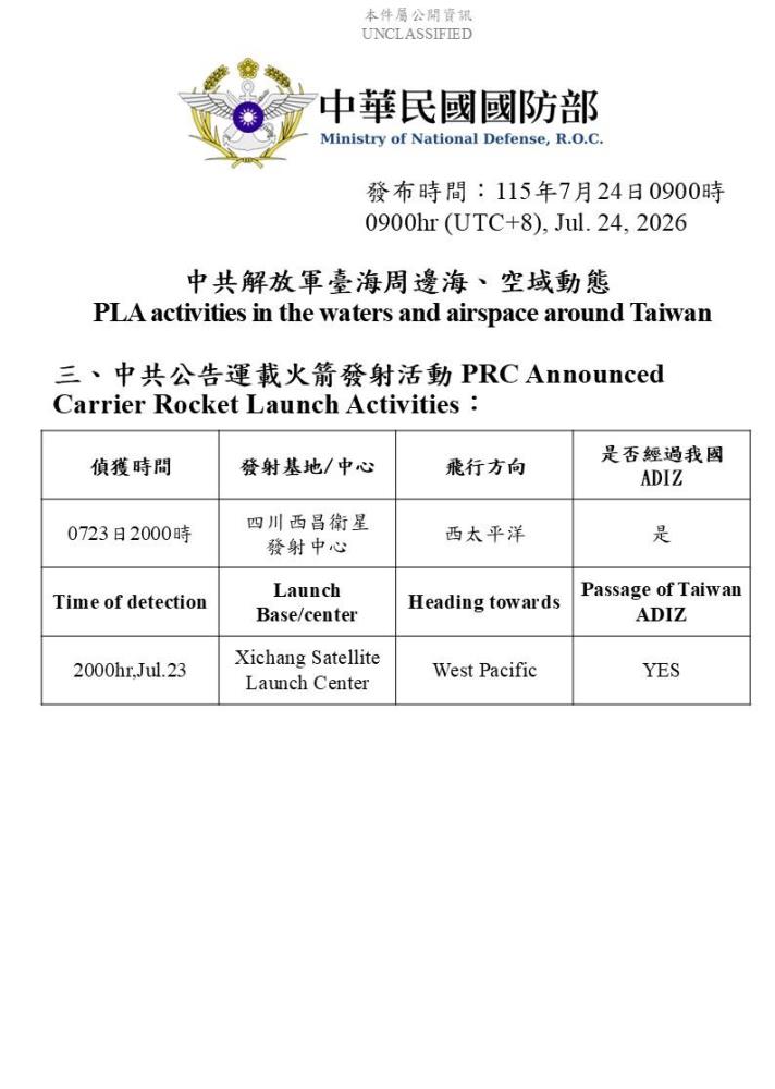 中共運載火箭發射活動。（國防部提供）