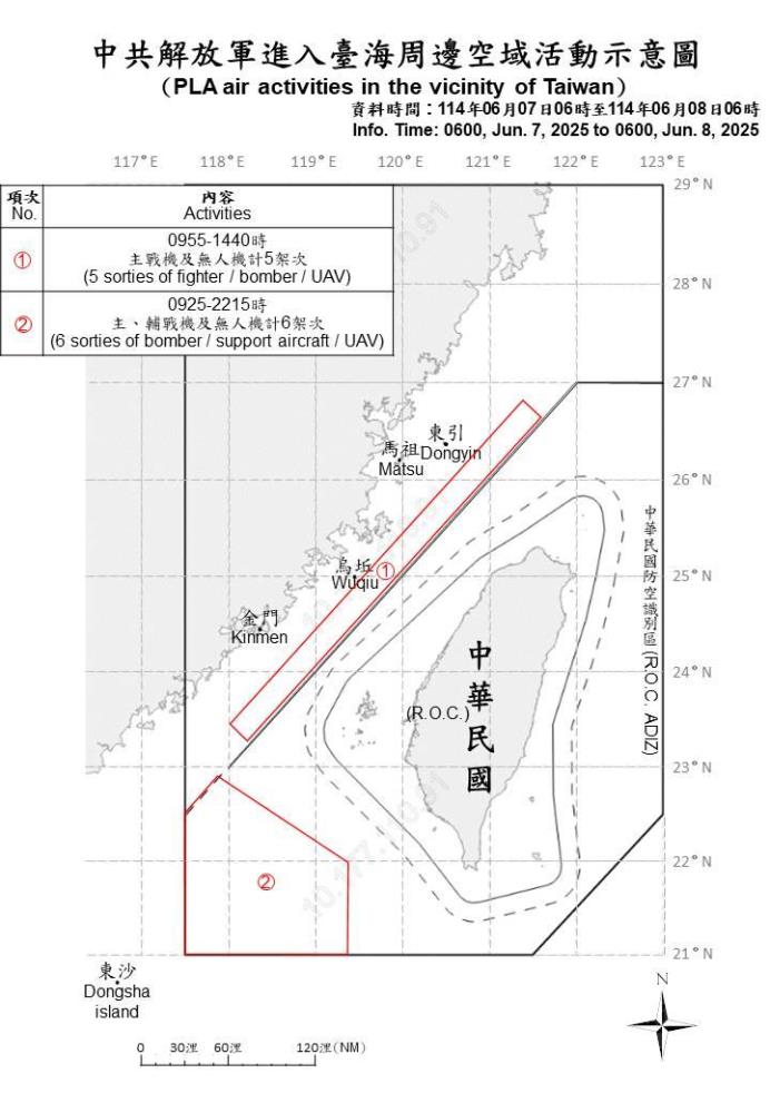 中共解放軍進入臺海周邊空域活動示意圖。（國防部提供）