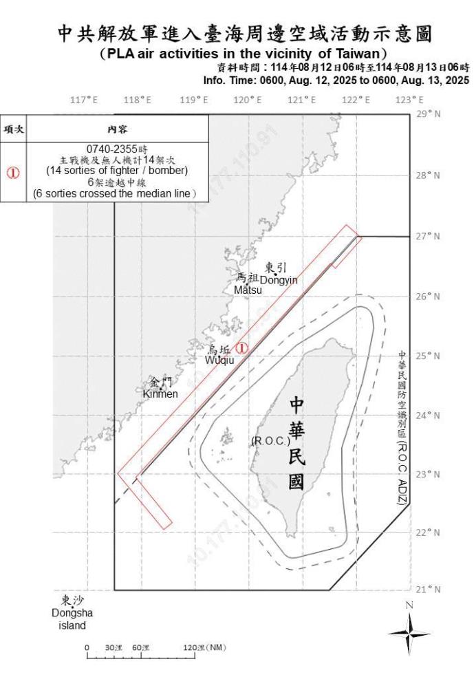 中共解放軍進入臺海周邊空域活動示意圖。（國防部提供）