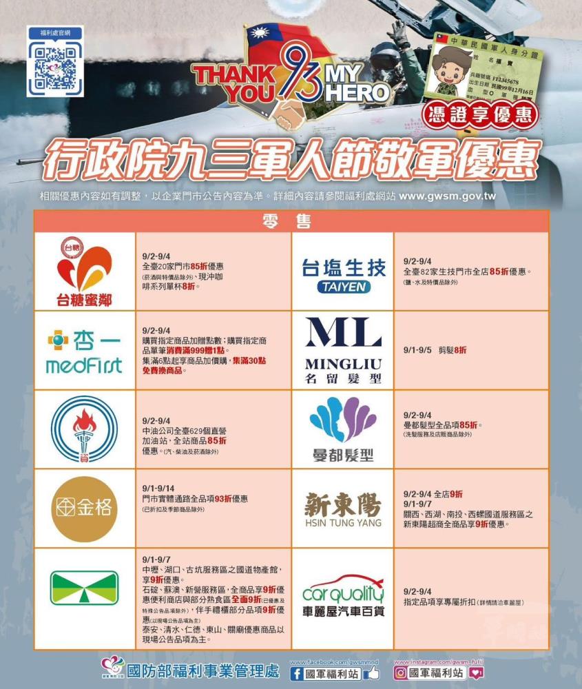 行政院九三軍人節敬軍零售優惠。（福利處提供）
