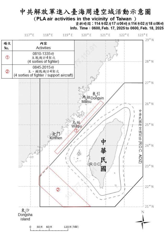 中共解放軍進入臺海周邊空域活動示意圖。（國防部提供）