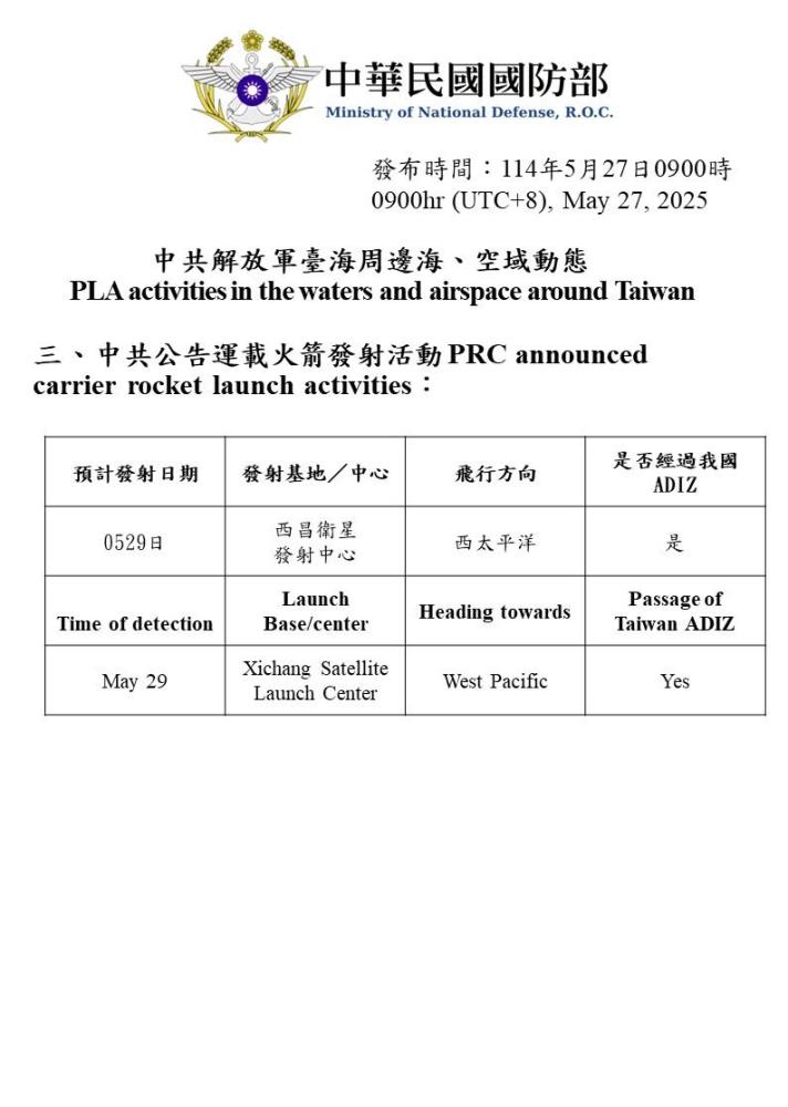 中共運載火箭發射預告。（國防部提供）