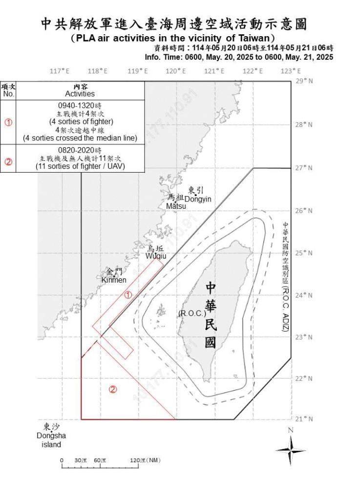 中共解放軍進入臺海周邊空域活動示意圖。（國防部提供）