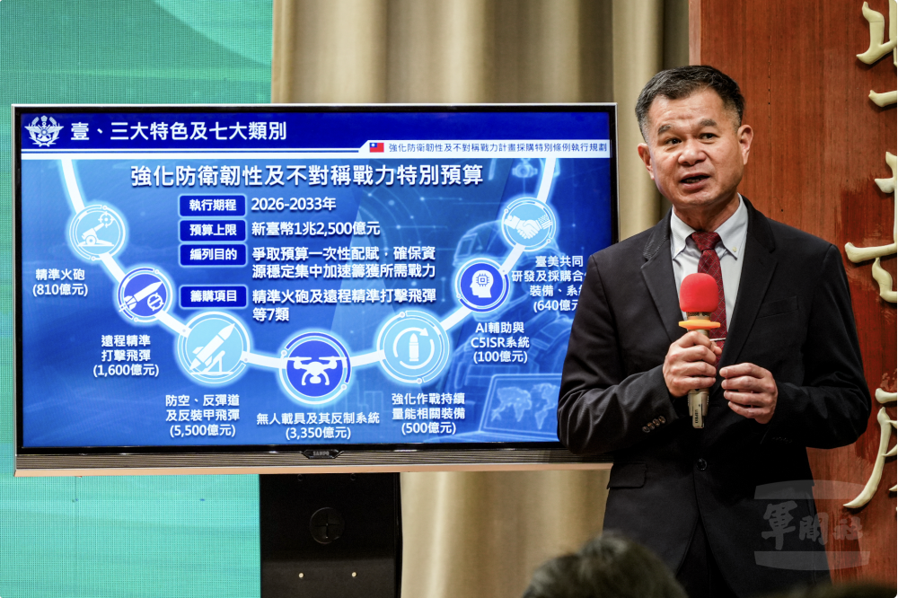 國防部戰略規劃司長黃文啓中將針對「強化防衛韌性及不對稱戰力計畫採購特別條例執行規劃」進行簡報。（軍聞社實習記者吳其錚攝）