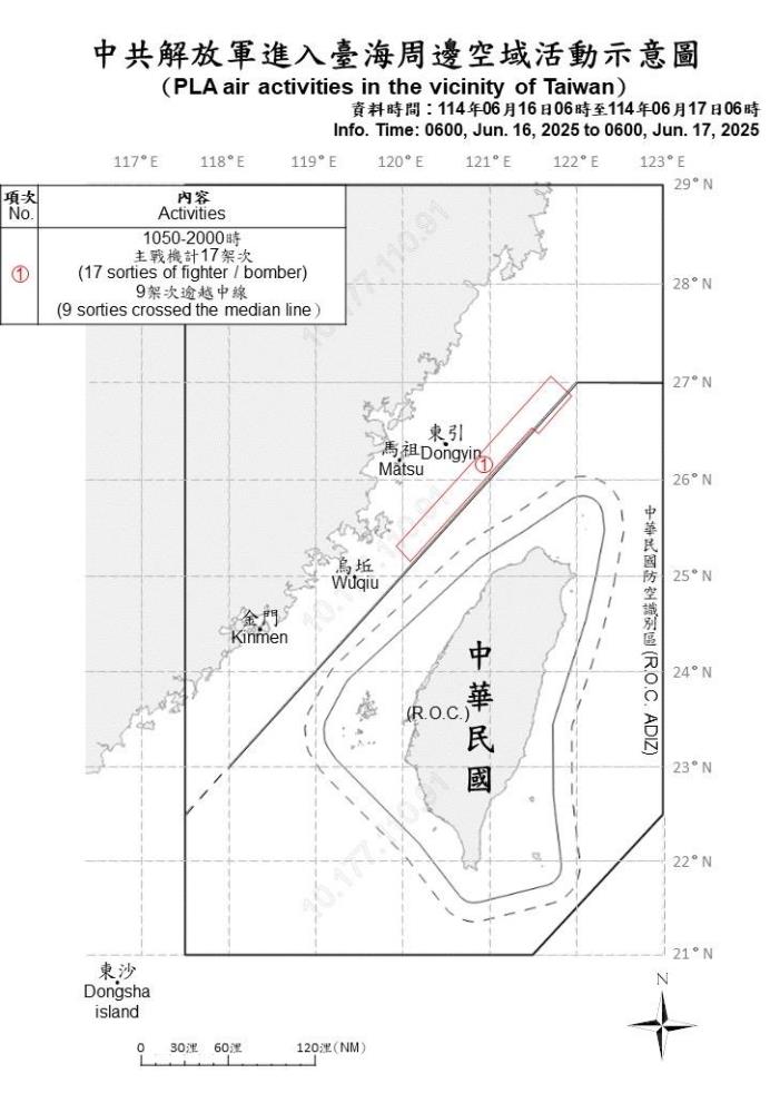 中共解放軍進入臺海周邊空域活動示意圖。（國防部提供）