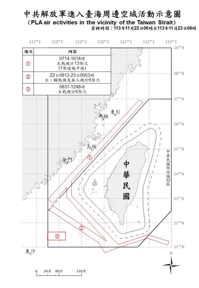 中共解放軍進入臺海周邊空域活動示意圖。（國防部提供）