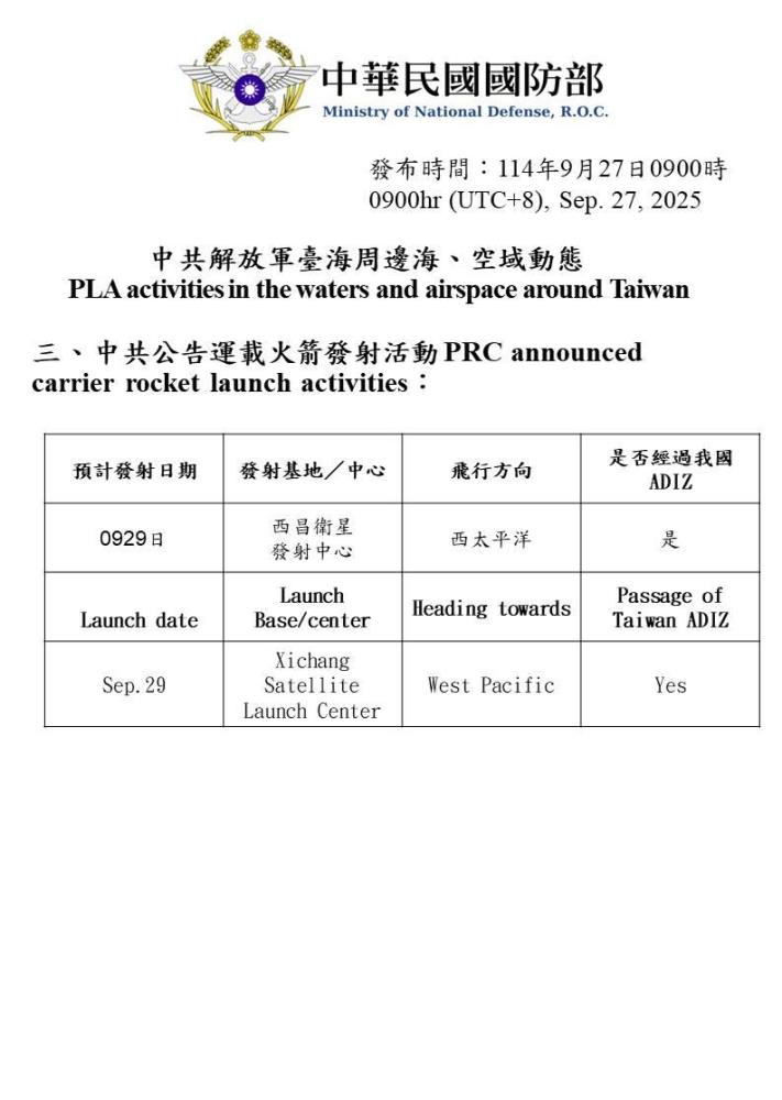 中共解放軍運載火箭發射預告。（國防部提供）