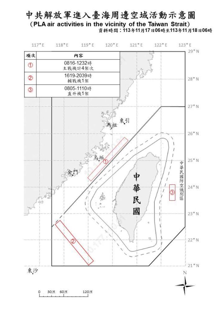 中共解放軍進入臺海周邊空域活動示意圖。（國防部提供）